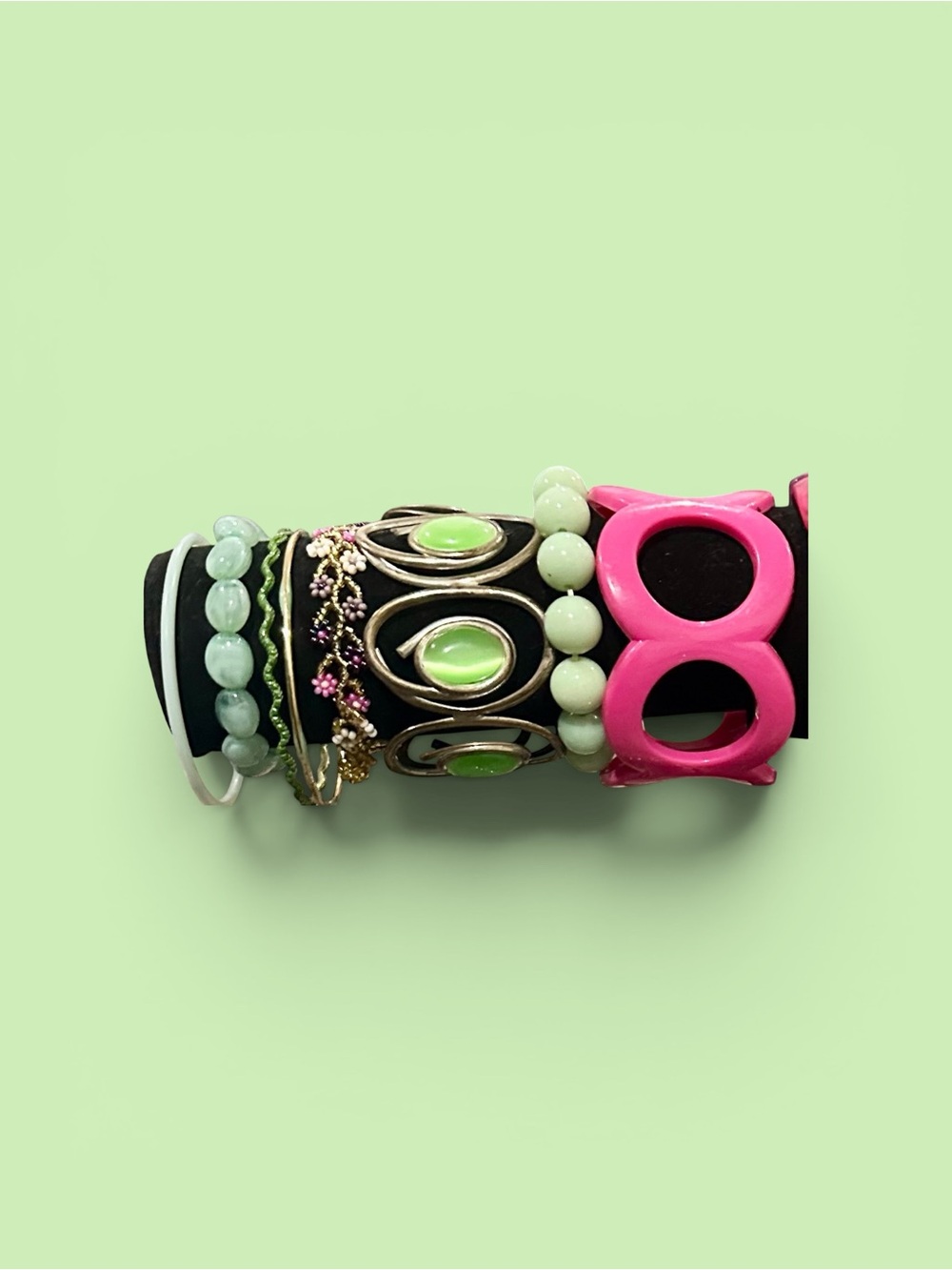 Vintage Y2K Bracelet Stack Green Pink Chunky Lucite Cat Eye Beaded Cuff Set